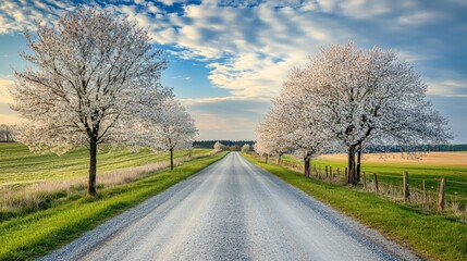 Obraz premium Serene Country Road Surrounded by Blooming Trees and Scenic Landscape