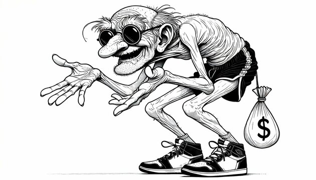 Quirky Elderly Man with Sneakers and Money Bag - Black and White Cartoon Illustration
