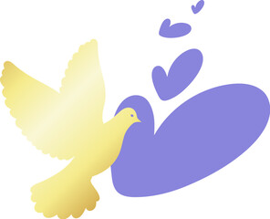 Golden dove silhouette and purple heart, cute love design