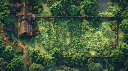 A beautifully detailed DnD battlemap featuring an overgrown magical farmstead, complete with wooden fences, rustic cabins, lush greenery, and vibrant gardens in a secluded forest setting.