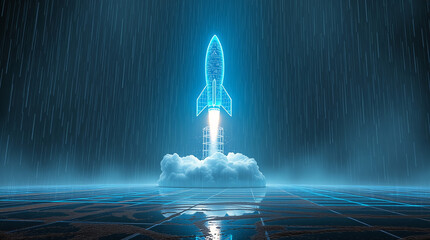 Rocket launch with digital elements in a futuristic setting during night
