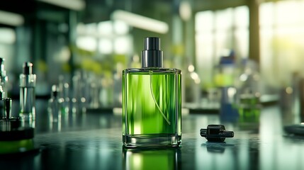 Green perfume bottle in a laboratory setting.