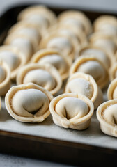 Close-up of uncooked Russian pelmeni dumplings on baking tray