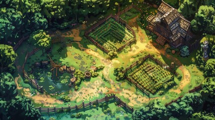 A beautifully detailed DnD battlemap featuring an overgrown magical farmstead, complete with wooden fences, rustic cabins, lush greenery, and vibrant gardens in a secluded forest setting.