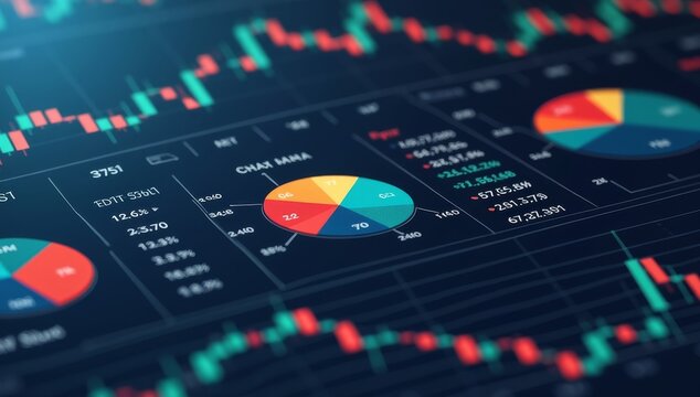 Investment portfolio management. Diversified strategy using stocks, bonds and commodities. Pie chart and candlestick charts