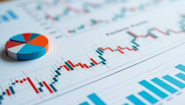 Investment portfolio management. Diversified strategy using stocks, bonds and commodities. Pie chart and candlestick charts