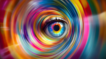 Fototapeta premium Vibrant colorful eye engulfed in a swirling vortex of rainbow hues, symbolizing perception, imagination, and creativity.