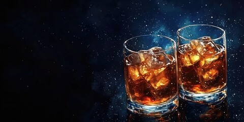 Two glasses of whiskey with ice against a starry night background