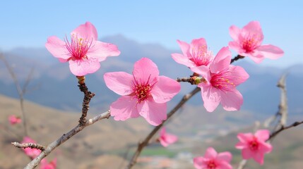 Obraz premium Tranquil Spring Blossoms Delicate Pink Flowers on Branch in Serene Mountain Landscape - Soft Pastel Palette with Ethereal Lighting