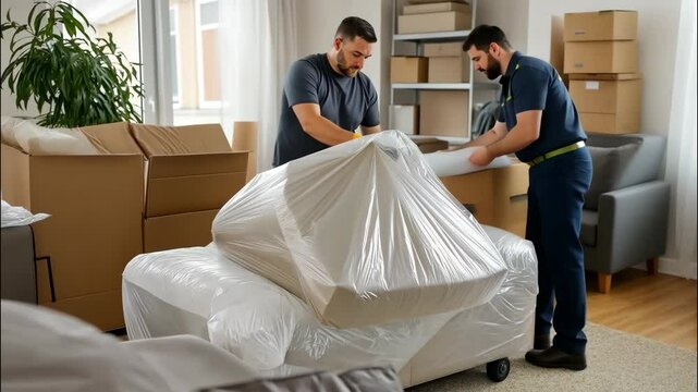 Moving day action with professional movers residential home photo content of relocation indoor environment close-up view packing concept for seo impact	