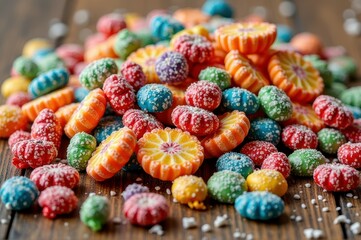 Fototapeta premium Colorful assorted candies with sugar coating on wooden surface