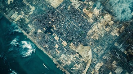 Aerial View of Urban Landscape with Water and Cloud Patterns