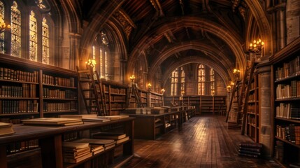 Fototapeta premium A grand ancient library illuminated by warm golden light, showcasing rows of aged books, towering wooden bookshelves, and medieval architecture with gothic arches and ornate chandeliers.