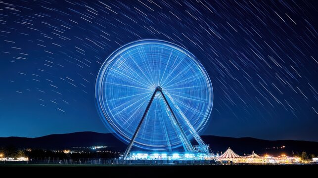 Nighttime Ferris Wheel with Star Trails Overhead in Amusement Park