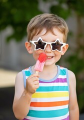 Smiling funny boy with star sunglasses enjoying a popsicle on a sunny day