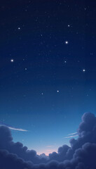 Evening cloudy sky. A blue abstract space with stars and clouds. Cute dreamy wallpaper with magical light.