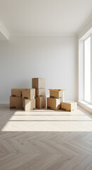 A stack of cardboard boxes in a bright, empty room with wooden flooring and large windows letting in natural light.