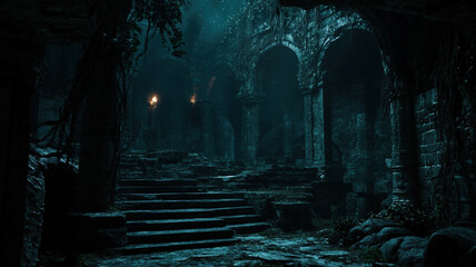 Mysterious Ancient Ruins with Arches and Staircase Illuminated by Dramatic Light