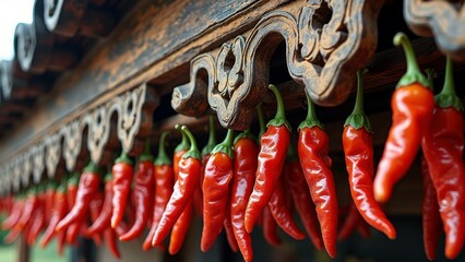 Vibrant red chili peppers hanging in rustic wooden setting