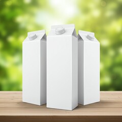 White blank packaging mockup of three drink cartons on a wooden table with a fresh green nature background for milk or juice product branding and design templates.