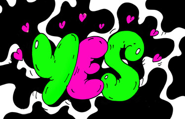  letters yes with curve elements for greeting card, heart, poster, sticker, Vector illustration on various pattern objects black ink, white, black background