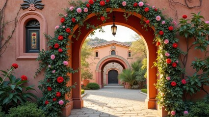Mediterranean-style courtyard with archway and blooming flowers in a tranquil garden setting