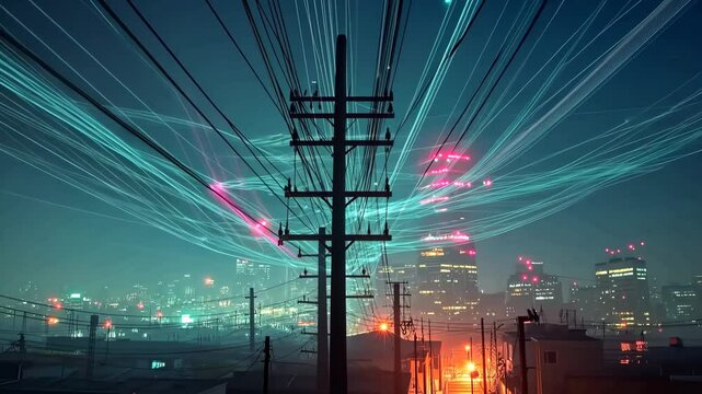 A city skyline with a power line that is lit up in the night sky. The sky is filled with lights and the city is lit up
