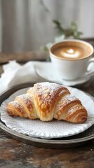 Rustic breakfast scene featuring a golden croissant and aromatic coffee. Vintage elements add a nostalgic and cozy atmosphere to the setting.