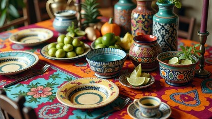 Fototapeta premium Colorful mexican table setting with traditional pottery and fresh produce