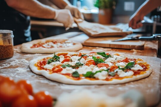 Creative pizza preparation in a bustling kitchen with fresh ingredients and dedicated chefs working together