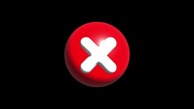 3d wrong or cross red icon 4k animation with black background  or transparent background
false or disapprove mark red glossy shiny symbol 4k animation