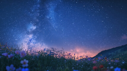 Starry night sky over blooming wildflower meadow with Milky Way and glowing horizon, tranquil nature scenery