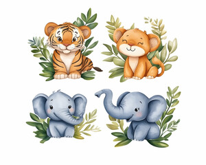 Naklejka premium Adorable baby tiger, lion, and elephants amidst lush foliage; ideal for children's books