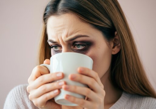 Worried young woman with bruised eyes holding coffee mug in contemplative pose