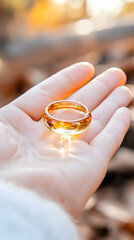 Amber ring held outdoors, sunlight gleaming, autumn background, jewelry ad