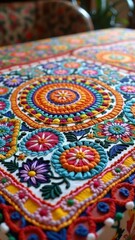 Vibrant multicolored embroidered tablecloth with intricate floral patterns