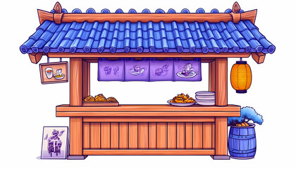 Asian food stall, street market, blue roof, wooden counter