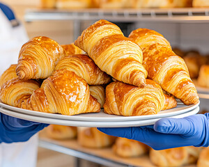 Baker presents fresh croissants in bakery