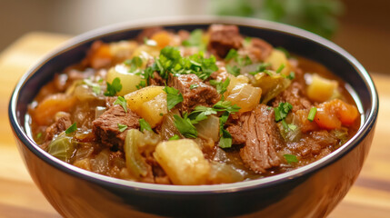 Fototapeta premium Corned beef with cabbage is a classic dish often associated with Irish cuisine. It typically involves slow-cooked corned beef brisket paired with boiled cabbage, potatoes, and carrots. The dish is hea