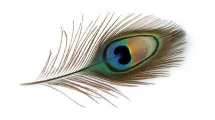 Obraz premium Peacock feather showing iridescent green and blue colors on white background