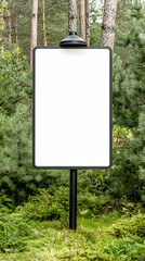 Blank signpost in forest, nature background, advertisement mockup