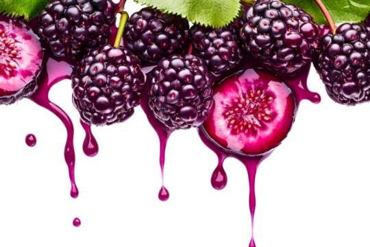 Fresh blackberries with juice dripping or jam isolated on transparent background