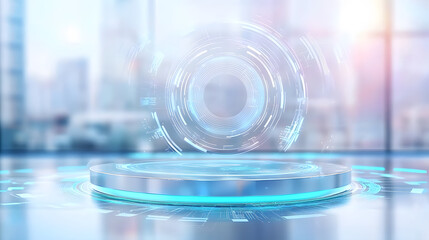 Futuristic holographic display urban setting digital showcase modern environment aerial view technology concept