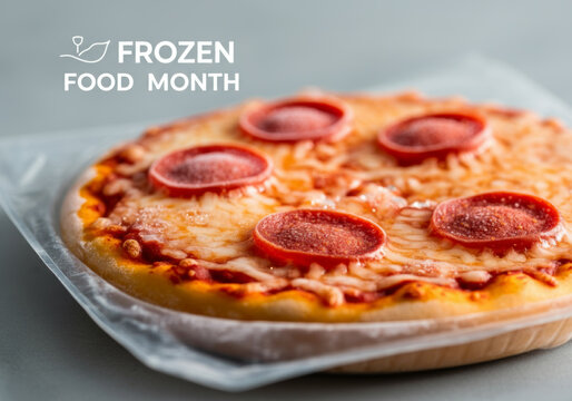 Pepperoni frozen pizza on wrapping for frozen food month