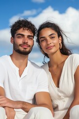 Fototapeta premium A man and a woman are sitting on a beach, smiling at the camera. The man is wearing a white shirt and the woman is wearing a white dress. Scene is happy and relaxed