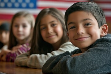 Children engaged in classroom activities with a flag backdrop during a school day
