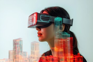 Woman wearing VR headset, experiencing a futuristic cityscape superimposed onto her.