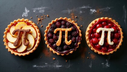 A selection of freshly home baked Pi Day fruit tarts with vibrant fillings topped with crusty Pi symbols, placed on black chalkboard surface. A tasty celebration of math. Copy space