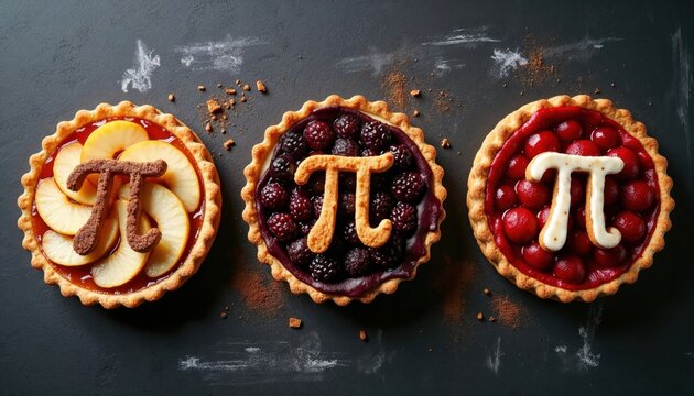 A selection of freshly home baked Pi Day fruit tarts with vibrant fillings topped with crusty Pi symbols, placed on black chalkboard surface. A tasty celebration of math. Copy space