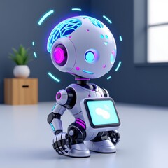 Fototapeta premium A futuristic AI robot, embodying the cutting-edge of artificial intelligence, stands confidently against a backdrop of complex digital circuitry